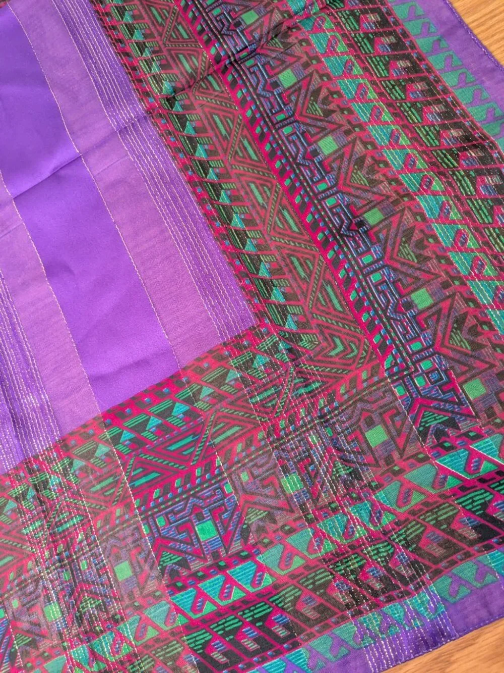 vintage 80s hair neck scarf purple green geometric Axcess Italy 30